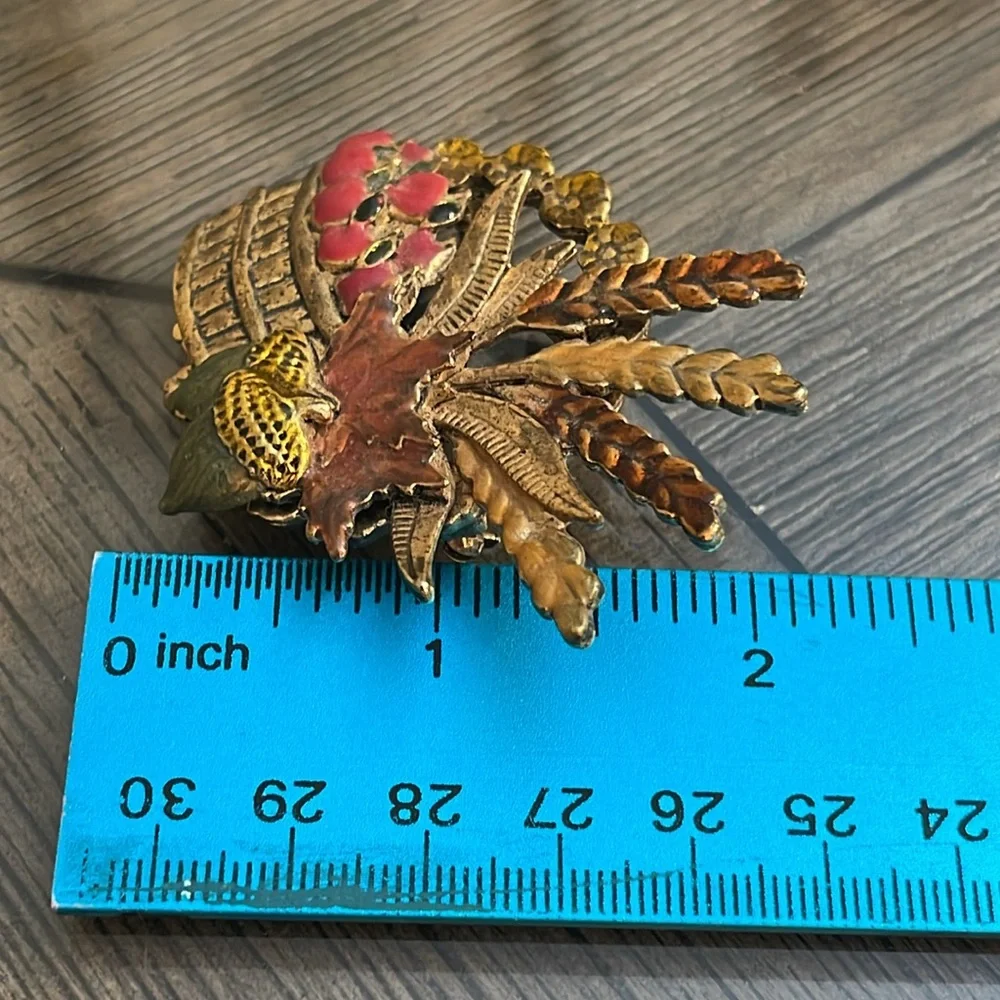 Vintage Kenneth Cole Harvest Basket Brooch with Red and Gold Accents & Apples